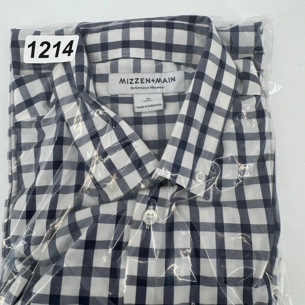 Mizzen + Main Mens Performance Short Sleeve Gingham Shirt Navy White Classic M